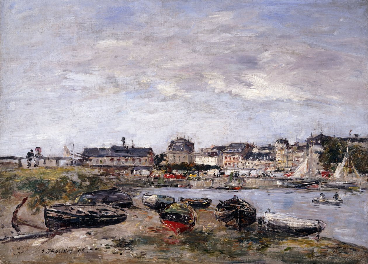 特鲁维尔（Trouville）：在集市日眺望多维尔；特鲁维尔（Trouville）：景观取自多维尔（Deauville），散步的一天，1895年 作者 尤金·路易斯·布丁
