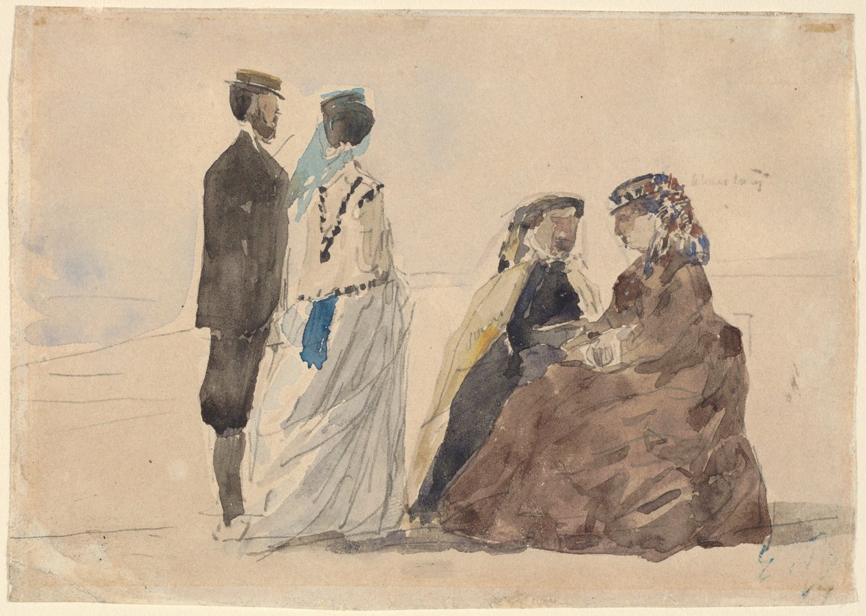 两位女士坐着，一对夫妇在海滩上散步，约1866年。 作者 尤金·路易斯·布丁
