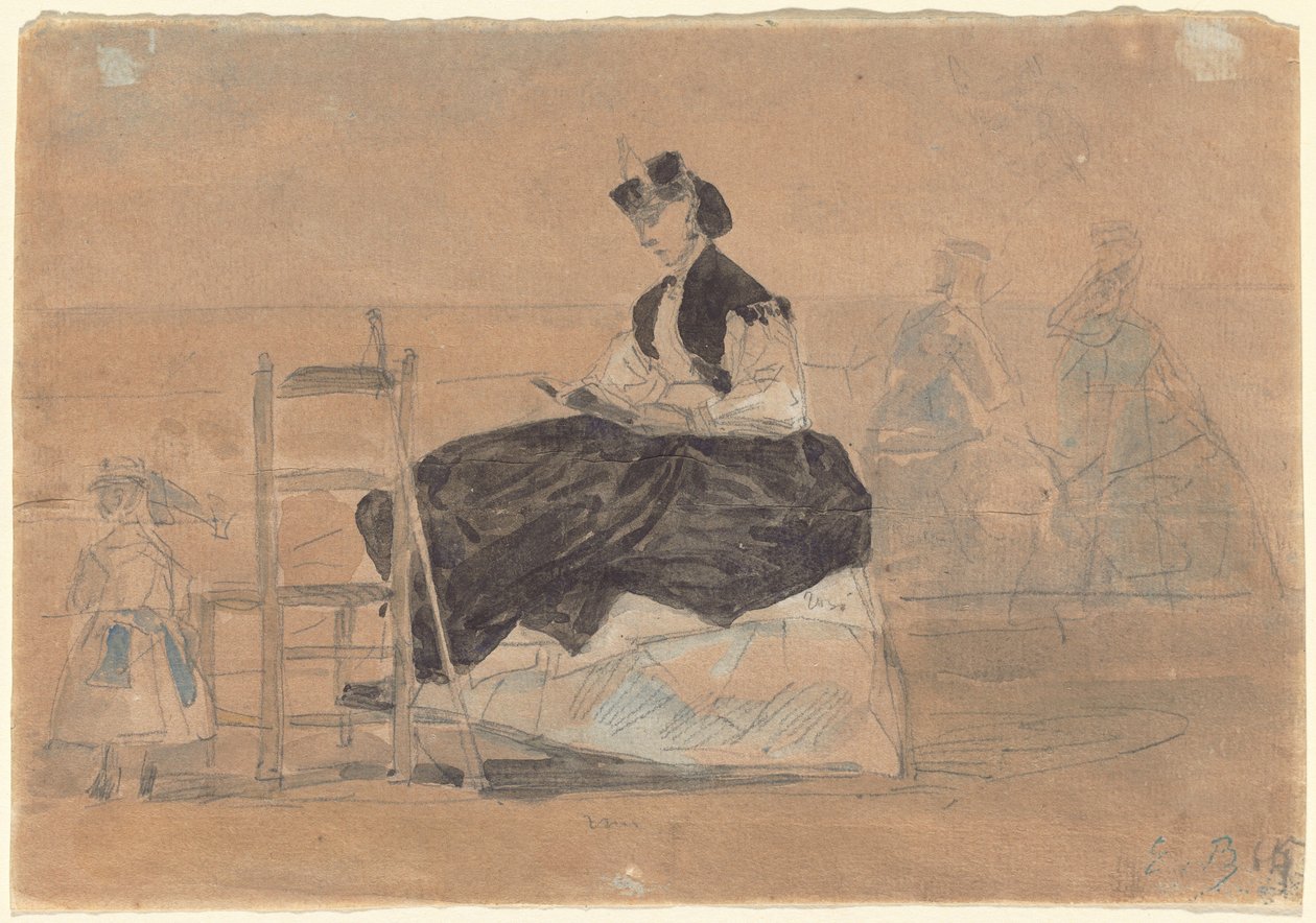 特鲁维尔海滩上身穿薄纱的女子，约1865年。 作者 尤金·路易斯·布丁