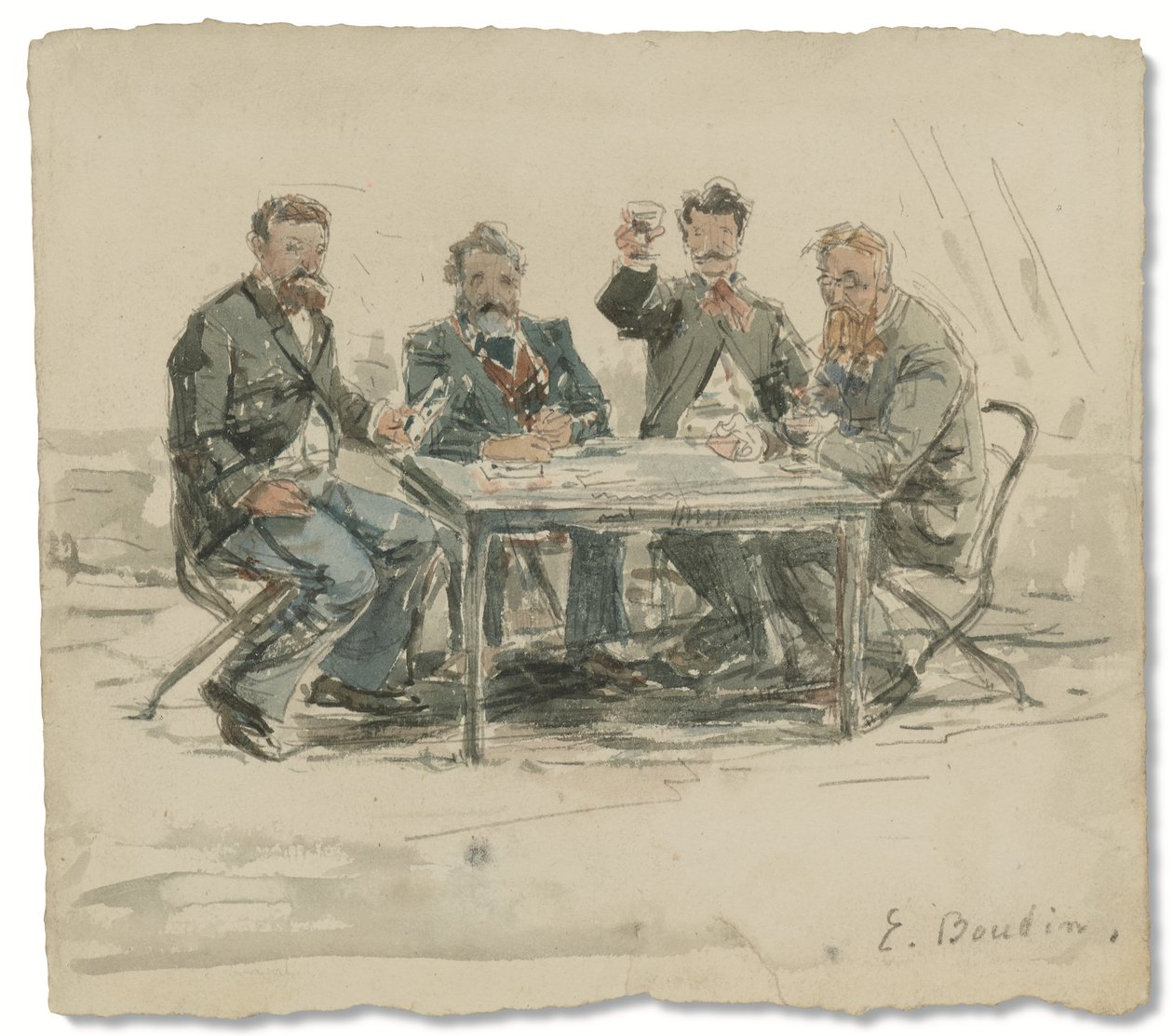 在圣西蒙农场（Jongkind、Émile van Marcke、克劳德·莫奈和“阿查德之父”），c。 1867 年（纸本水彩和铅笔） 作者 尤金·路易斯·布丁