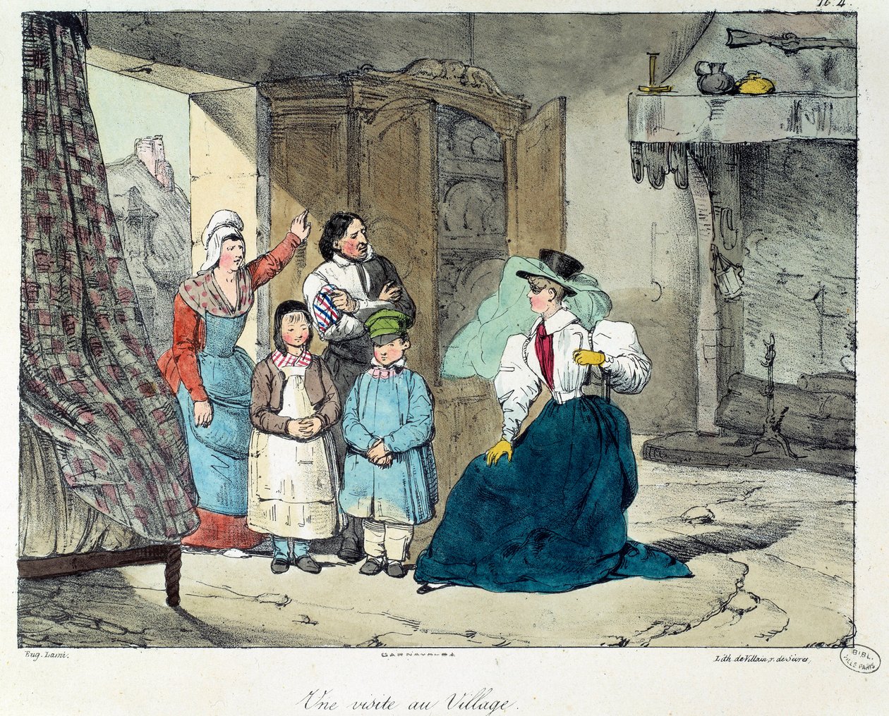 A visit to the village. A rich woman visits a poor family. Illustration of the book “La vie de chateau””. Engraving by Eugene Louis Lami (1800-1890) 作者 尤金·路易斯·拉米