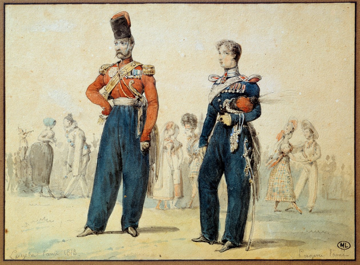 球服：两名身穿军装的男子。 尤金·路易斯·拉米（Eugene Louis Lami，1800-1890）的绘画，19 世纪巴黎，卢浮宫博物馆 作者 尤金·路易斯·拉米