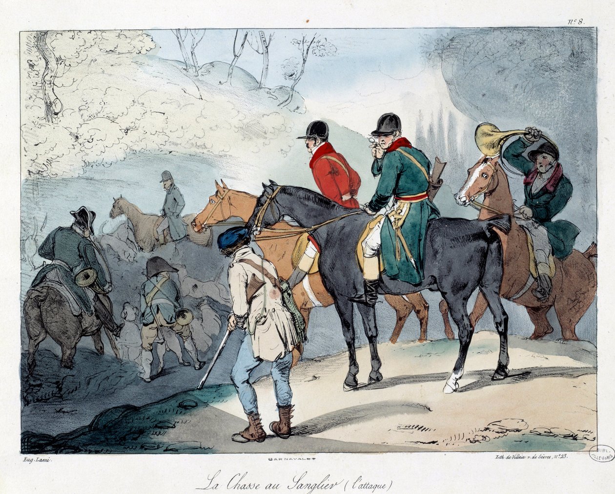 Boar hunting. Illustration of the book “La vie de chateau””. Engraving by Eugene Louis Lami (1800-1890) 作者 尤金·路易斯·拉米