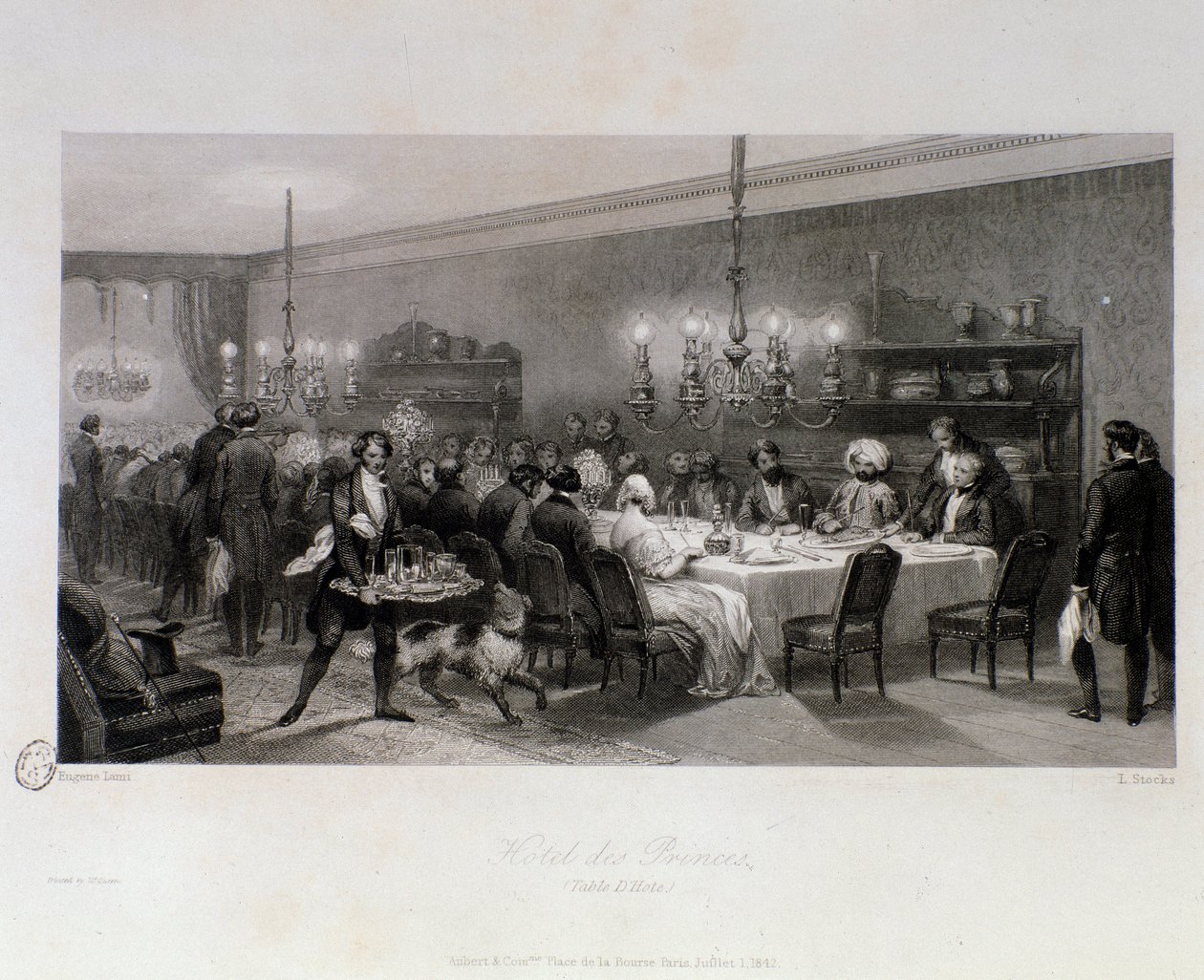 在巴黎的“Hotel des Princes”餐桌上享用晚餐。 Eugene Louis Lami (1800-1890) 雕刻 1843 年 私人收藏 作者 尤金·路易斯·拉米