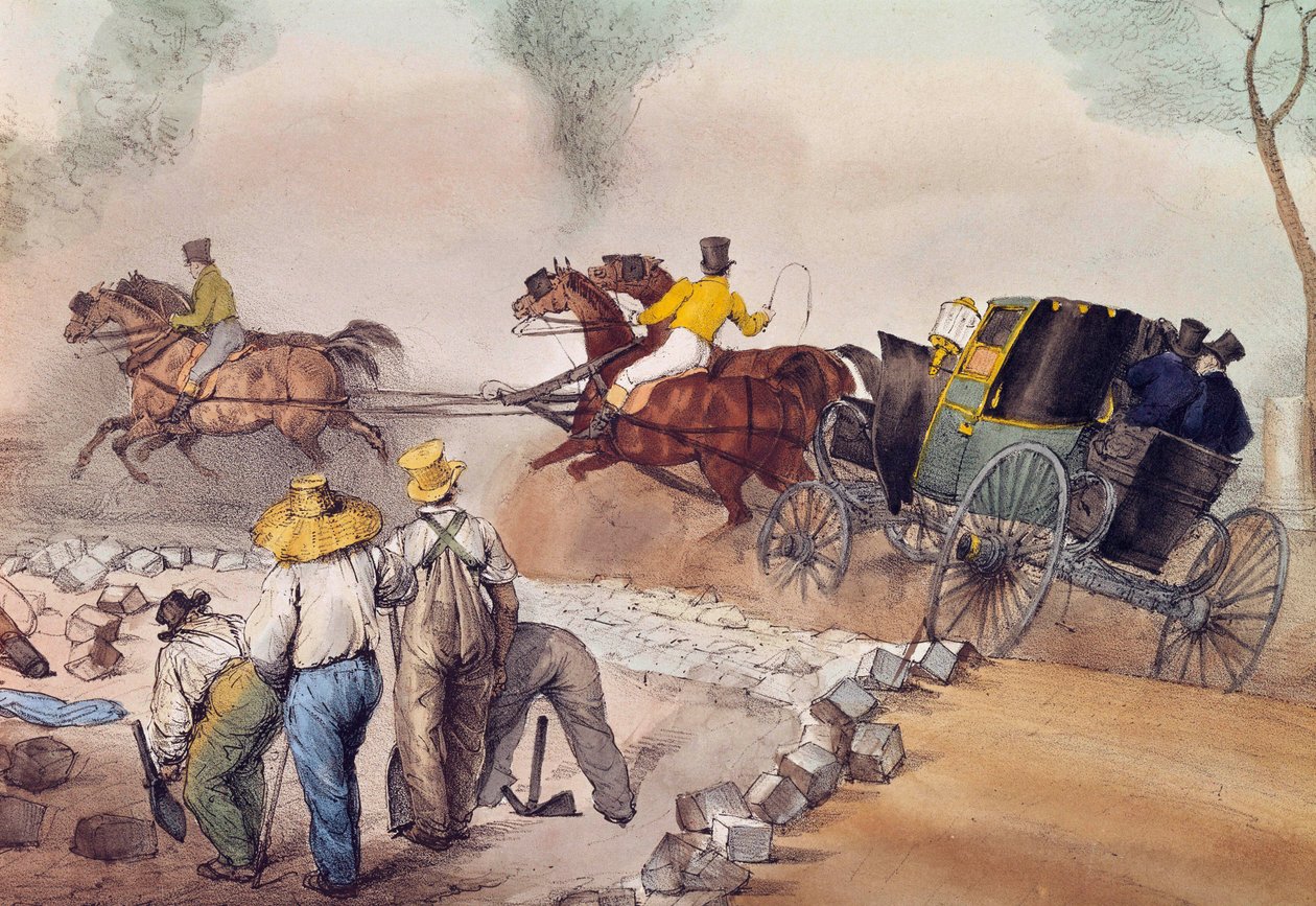 尘土飞扬的路人 工人们在街上投宿。尤金-路易斯-拉米（1800-1890）的石版画 19世纪 巴黎，卡纳瓦莱博物馆 作者 尤金·路易斯·拉米