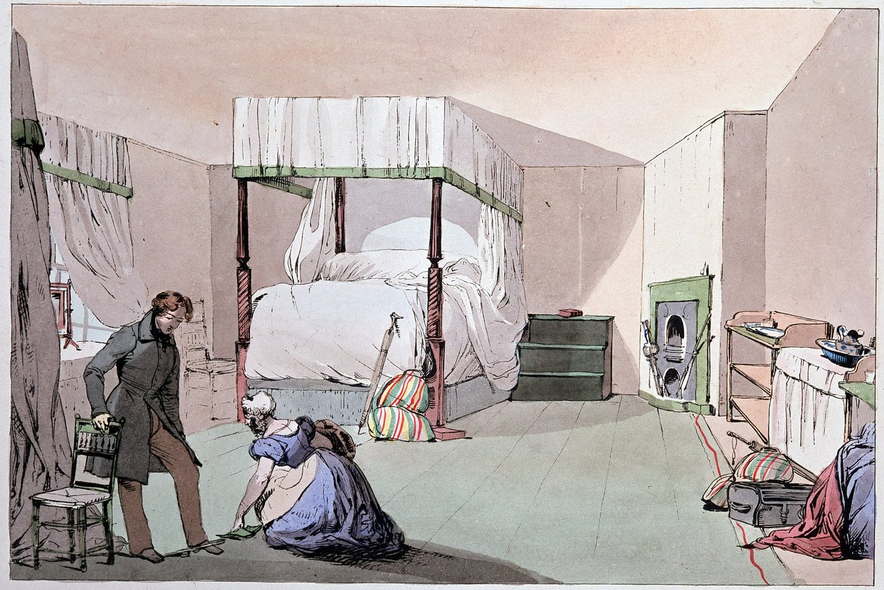 旅馆：一个仆人帮助顾客穿鞋。尤金-路易斯-拉米（1800-1890）的插图，19世纪中期 作者 尤金·路易斯·拉米