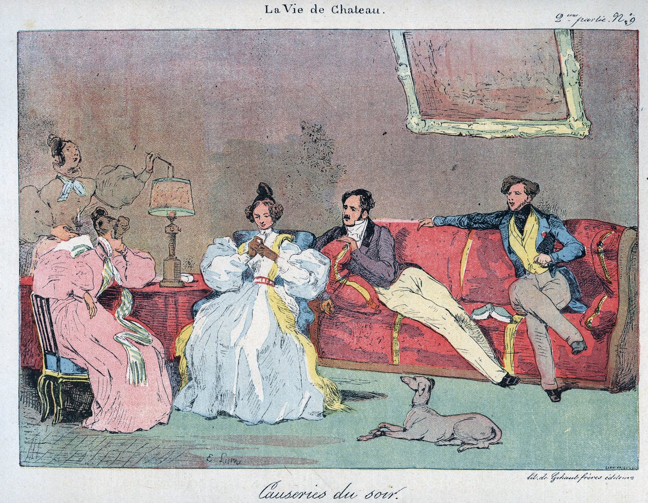 城堡生活--晚间谈话--尤金-拉米（1800-1890）的插图，载于1885年的 "LE-RIRE"。 作者 尤金·路易斯·拉米