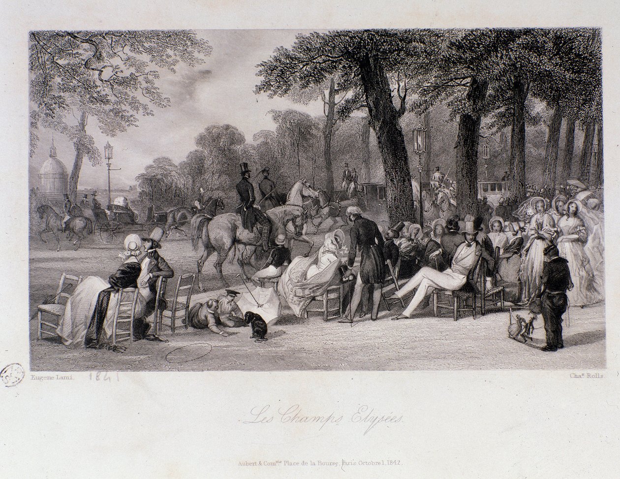 巴黎香榭丽舍大街 (Champs-Elysees) 上的乘客和步行者。 Eugene Louis Lami (1800-1890) 雕刻 1841 年私人收藏 作者 尤金·路易斯·拉米