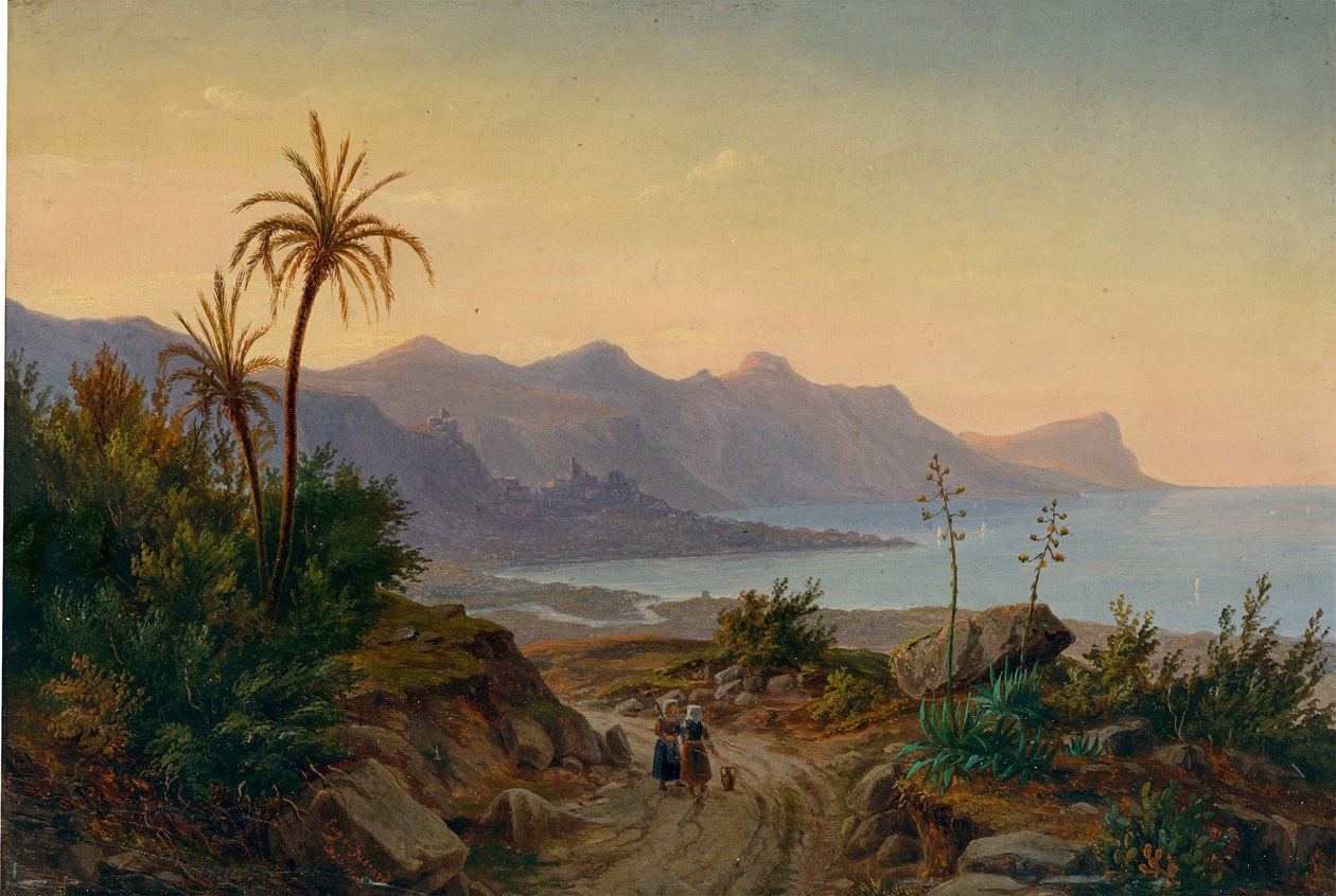 Eugen von Guérard - 带棕榈树的南部海岸景观，1844 年 作者 瓜拉德的尤金