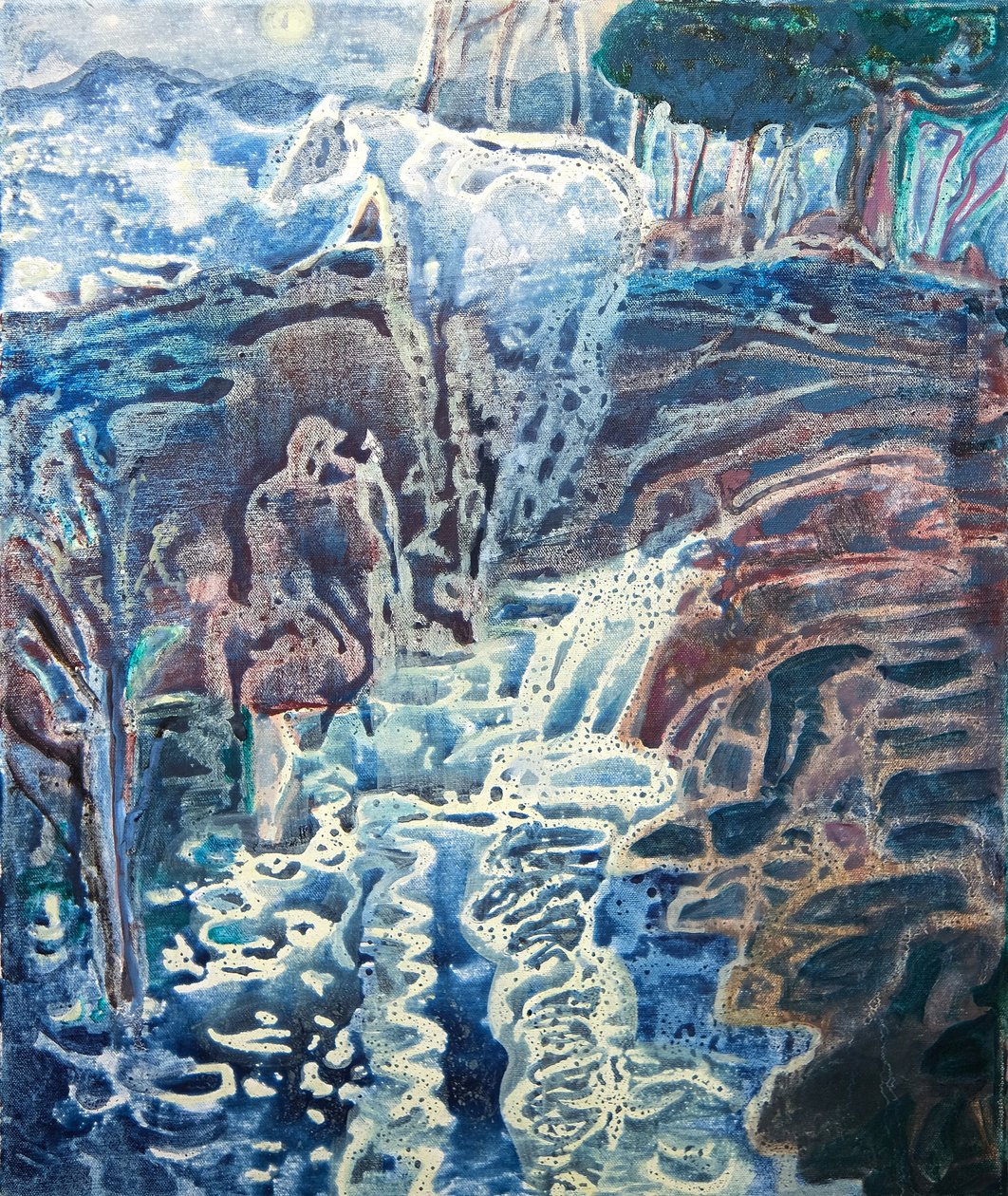 斑驳的月亮，2023 年（油画布上的油彩、颜料、粘土） 作者 欧仁妮·沃伦斯卡娅