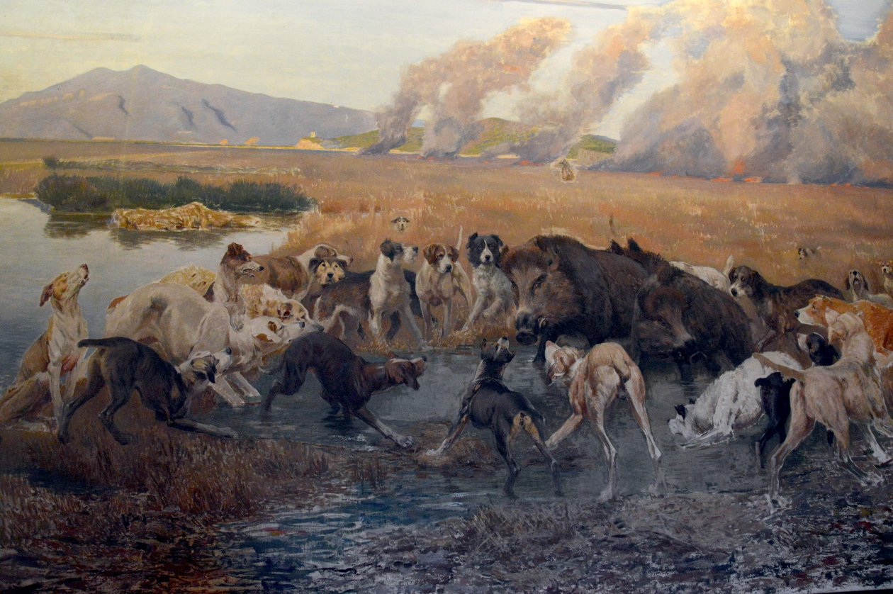 Eugenio Cecconi的画作详细信息在Burano沼泽的野猪狩猎在Galleria d&39;Arte Moderna（佛罗伦萨） 作者 欧金尼奥·切科尼