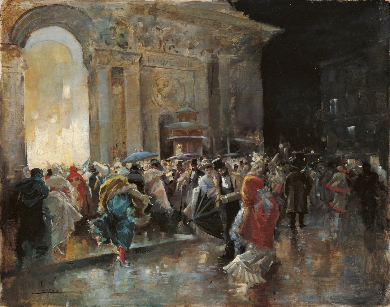 在化装舞会之夜到达剧院 - 卢卡斯·维拉米尔，欧金尼奥 (1858-1919) - c. 1895 - 木板上的油 - 31x40 - 卡门蒂森博物馆，马拉加 作者 尤金尼奥·卢卡斯·维拉米尔