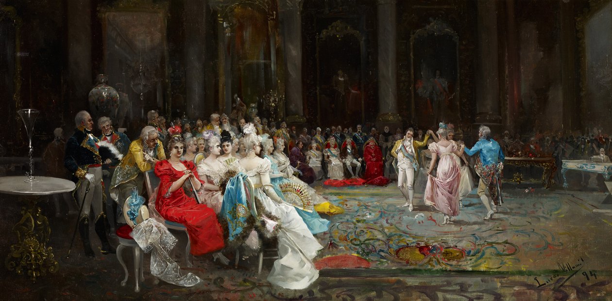 宫廷舞蹈 - 卢卡斯-比亚米尔，欧亨尼奥（1858-1919） - 1894 - 布面油画 - 55x110 - 马拉加卡门-蒂森博物馆 作者 尤金尼奥·卢卡斯·维拉米尔