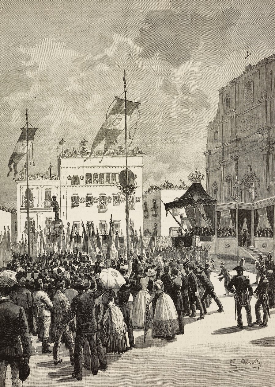 意大利第一位国王维克托·伊曼纽尔二世（Victor Emmanuel II，1820-1878 年）纪念碑揭幕，意大利国王翁贝托一世（Umberto I，1844-1900 年）在场，尤金尼奥·马卡尼亚尼（Eugenio Maccagnani，1852-1930 年）的雕像，意大利莱切 作者 尤金尼奥·马卡尼亚尼