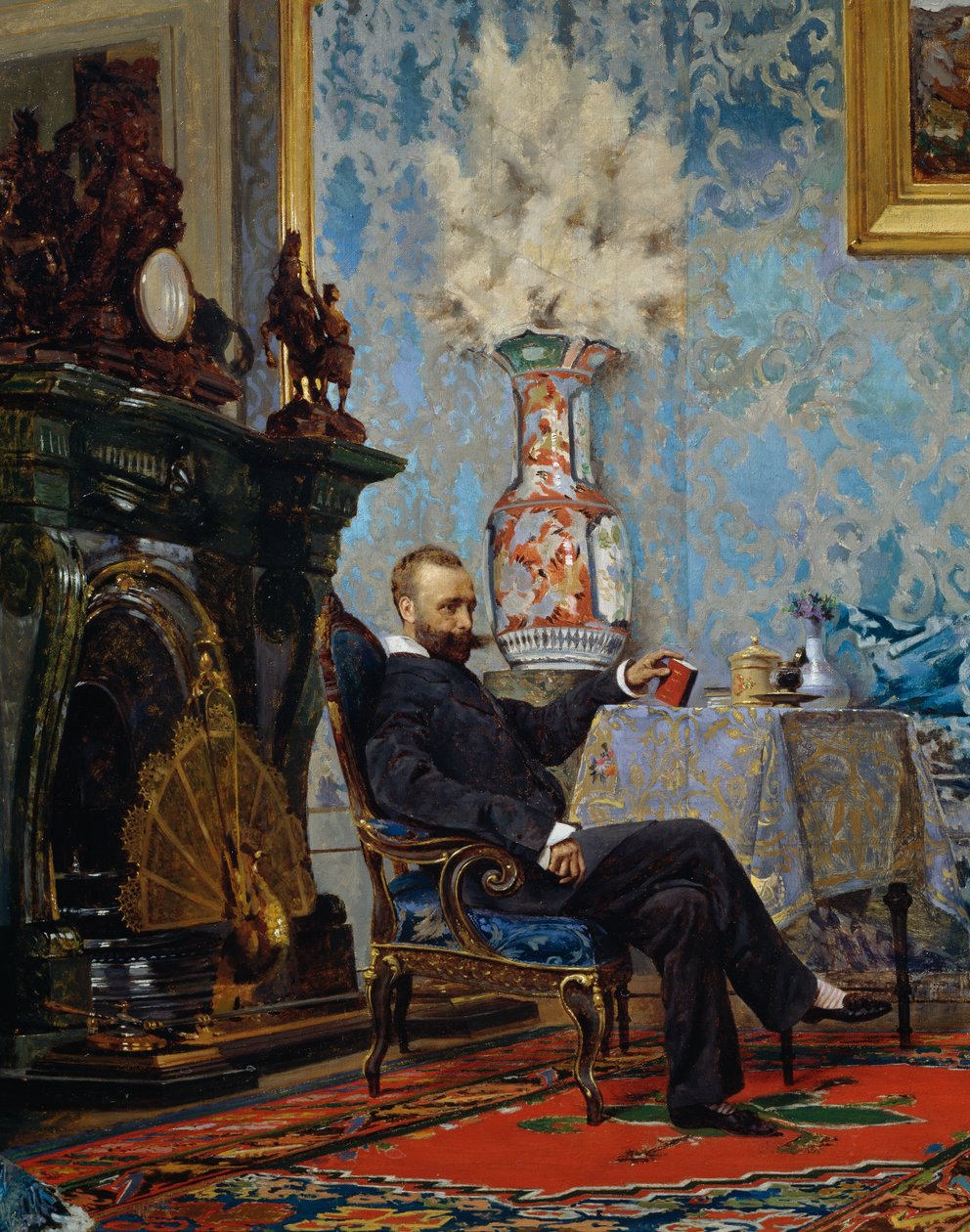 坐在客厅里的彼得·法布里奇 (Peter Fabricci)，来自法布里奇家族的细节，约 1880 年，作者：尤金·斯科帕里尼 (Eugene Scomparini)（1845-1913 年），布面油画，68x187 厘米，意大利 作者 欧金尼奥·斯康帕里尼