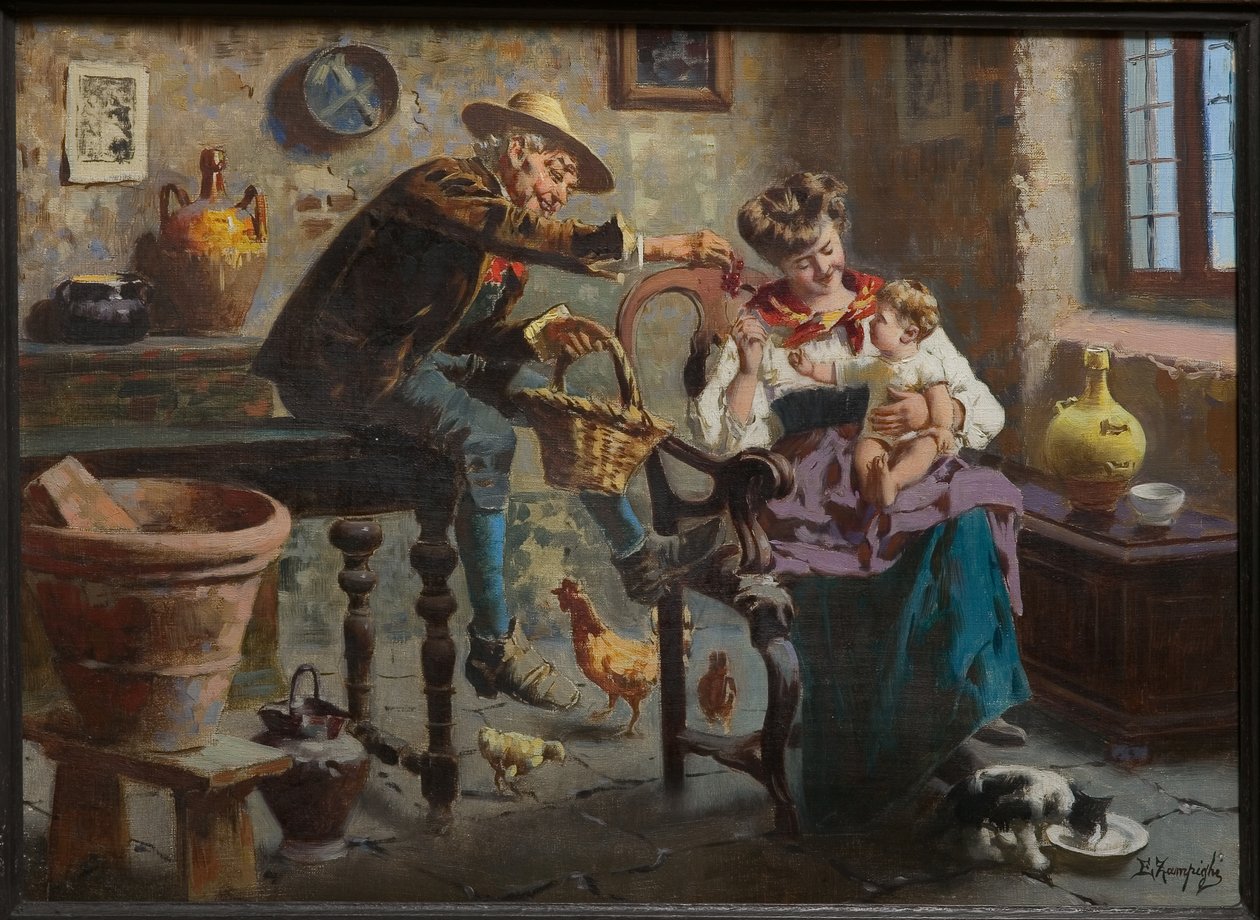 一个男人、一个女人和一个女婴的场景（布面油画） 作者 欧金尼奥·赞皮吉