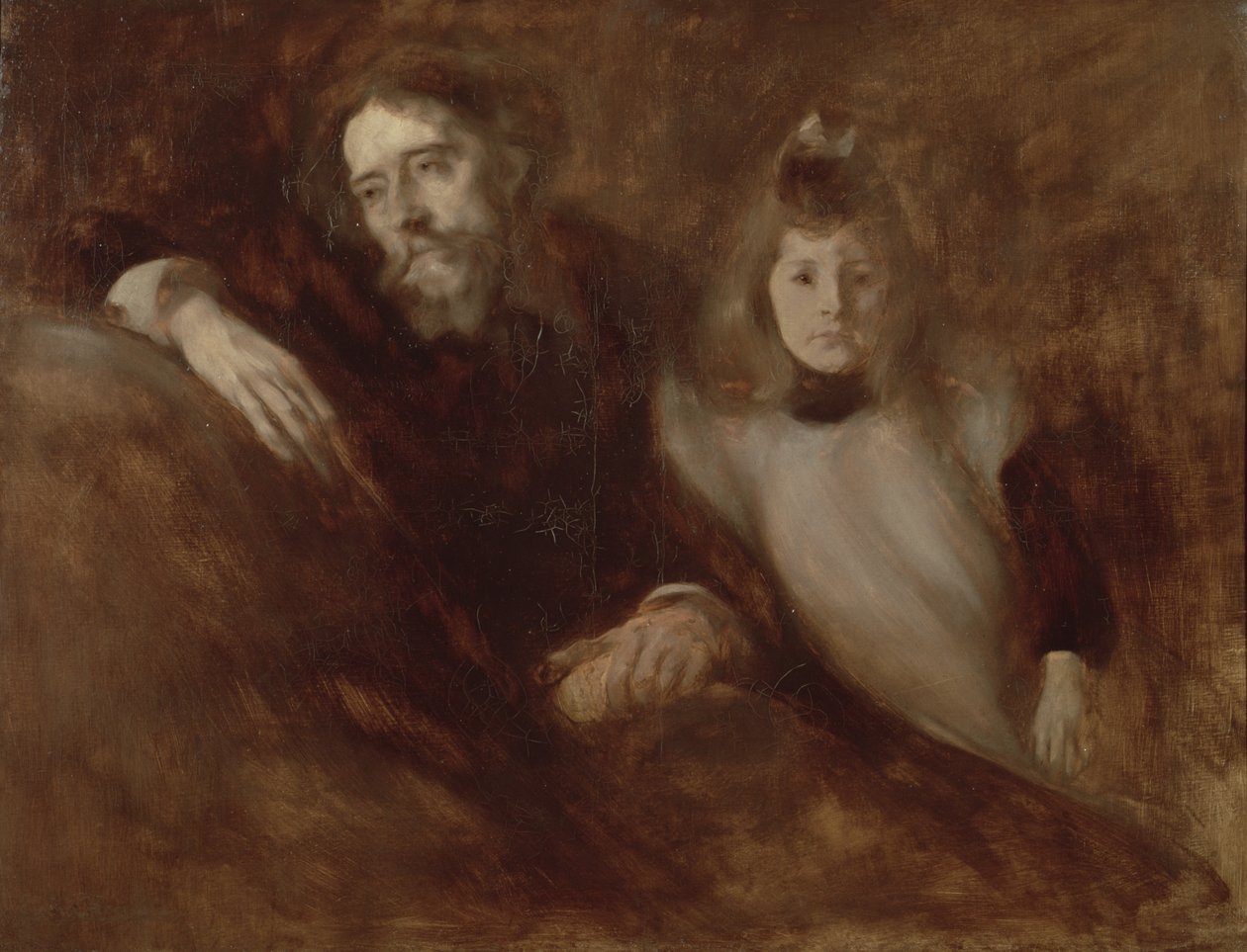 Alphonse Daudet（1840-97）和他的女儿Edmee，1891年的肖像 作者 欧仁·卡里尔（EugèneCarrière）