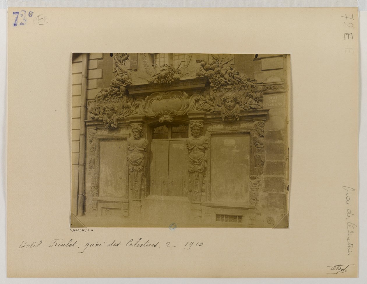 门，临街，Fieubet酒店（Hôtel de la Valette，Massillon学校），2 quai des Célestins，第四区，巴黎 作者 欧仁·阿格特