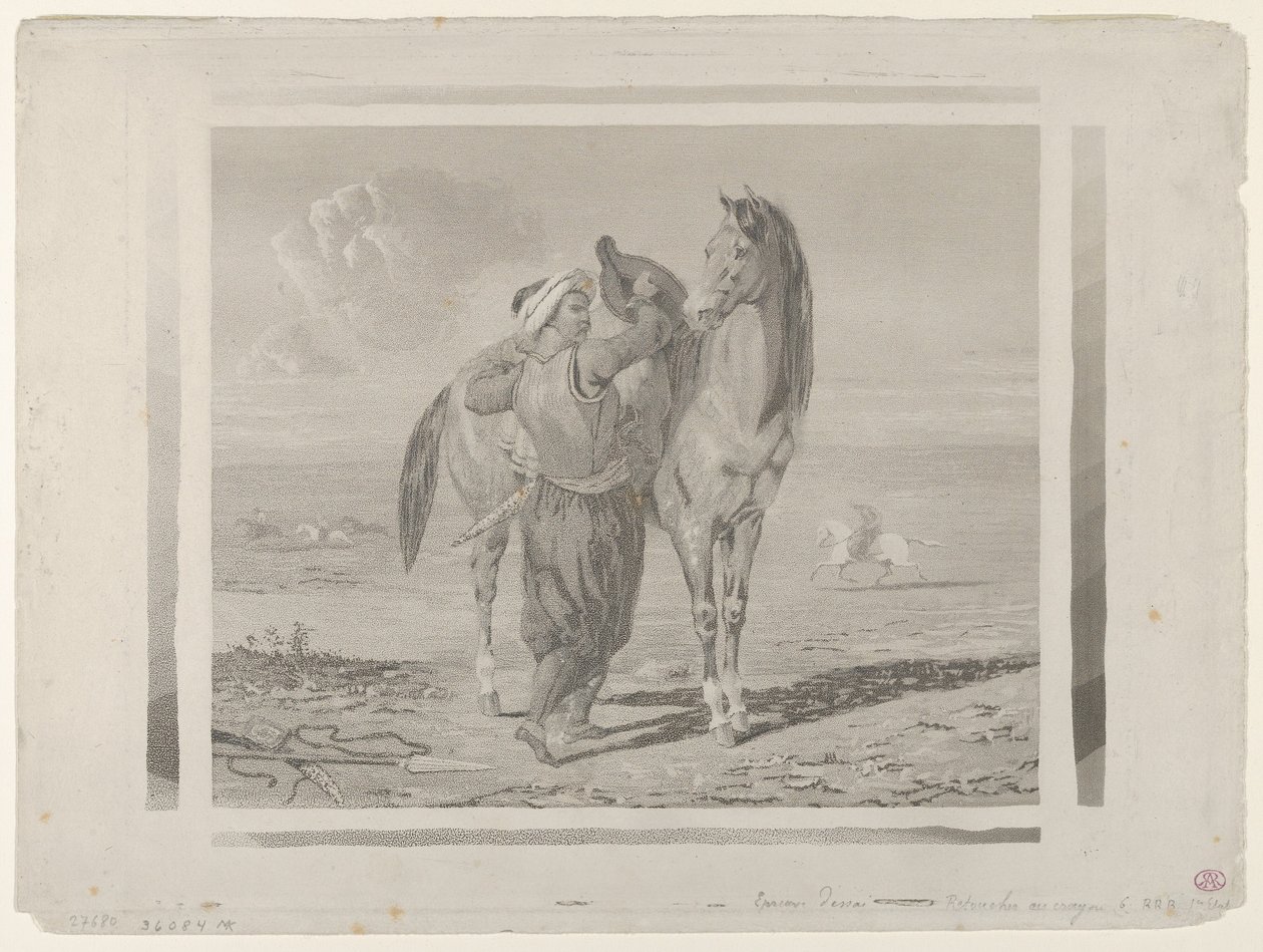 一个土耳其人在给他的马配鞍，1824., 1824. 作者 尤金·德拉克洛瓦