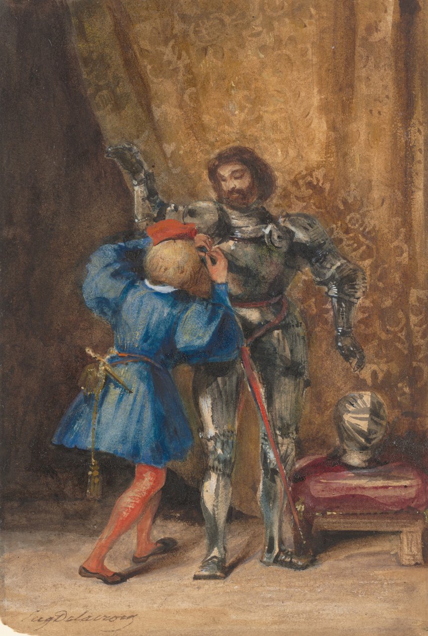 Goetz von Berlichingen被他的秘书George穿上盔甲，1826-27。 作者 尤金·德拉克洛瓦