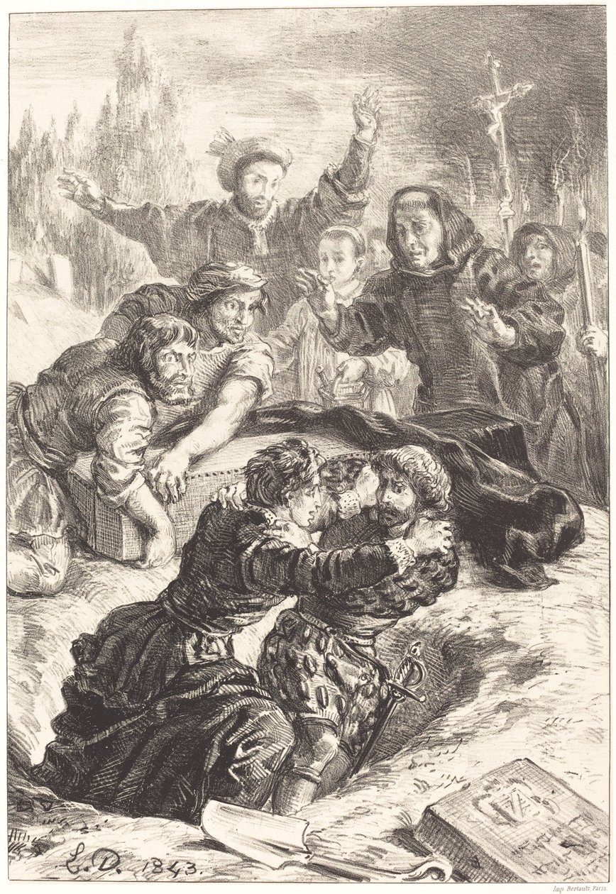 哈姆雷特和拉伊特斯在奥菲利亚的墓前 第五幕第一场，1843年。 作者 尤金·德拉克洛瓦