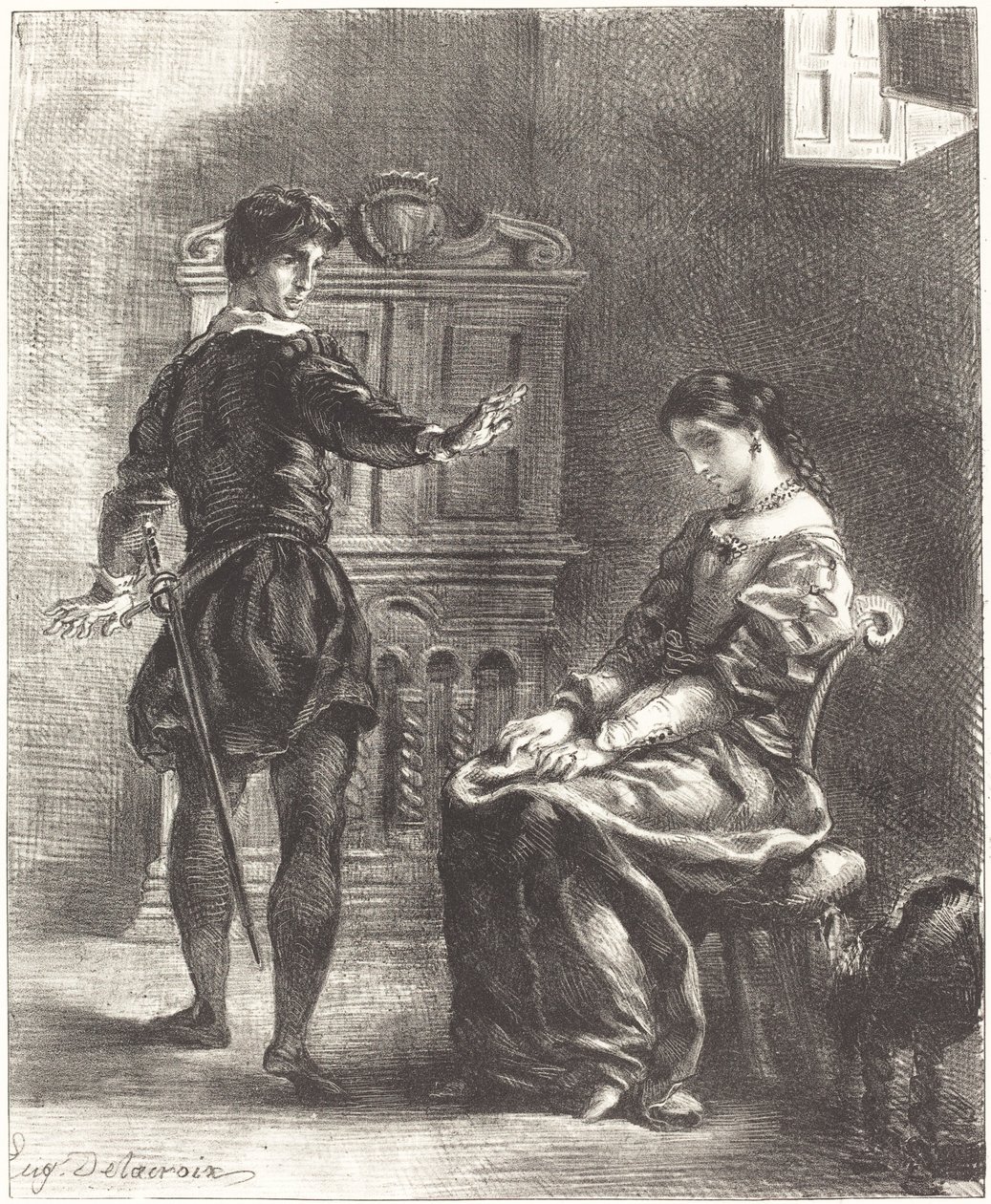 哈姆雷特和奥菲利亚第三幕，第一场，18341843。 作者 尤金·德拉克洛瓦