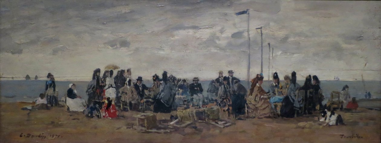 科塔瓦语："Piludafa nakila, Trouville (3) (trutca ke Boudin)"
法语：特鲁维尔。海滩场景 作者 尤金·路易斯·布丁