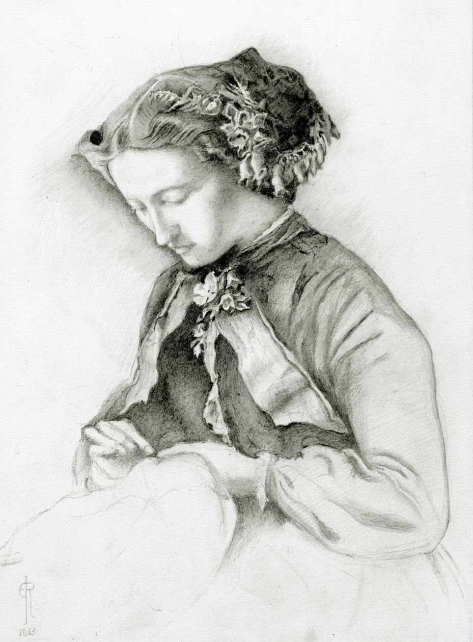 毛茸茸的艾菲的肖像在她的头发（毛地黄）1853年 作者 Euphemia Ruskin