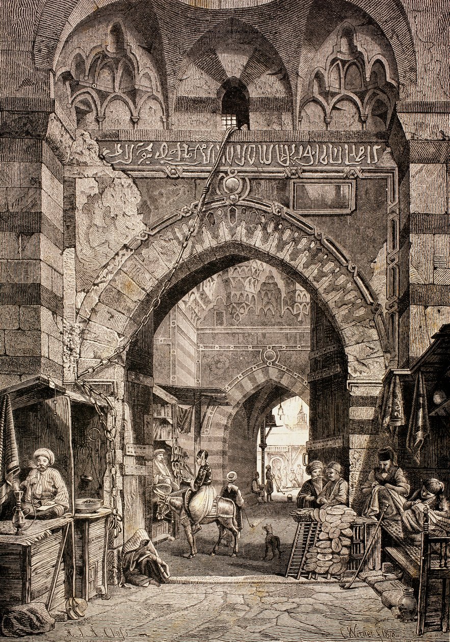 19世纪开始于开罗的Khan el-Khalili露天市场，1870年在巴塞罗那出版的&39;El Mundo Ilustrado&39;入口 作者 欧洲学校