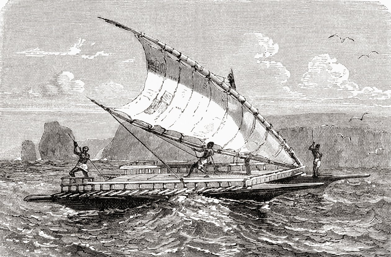 新喀里多尼亚双人独木舟，来自&39;El Mundo en la Mano&39;，于1878年出版 作者 欧洲学校