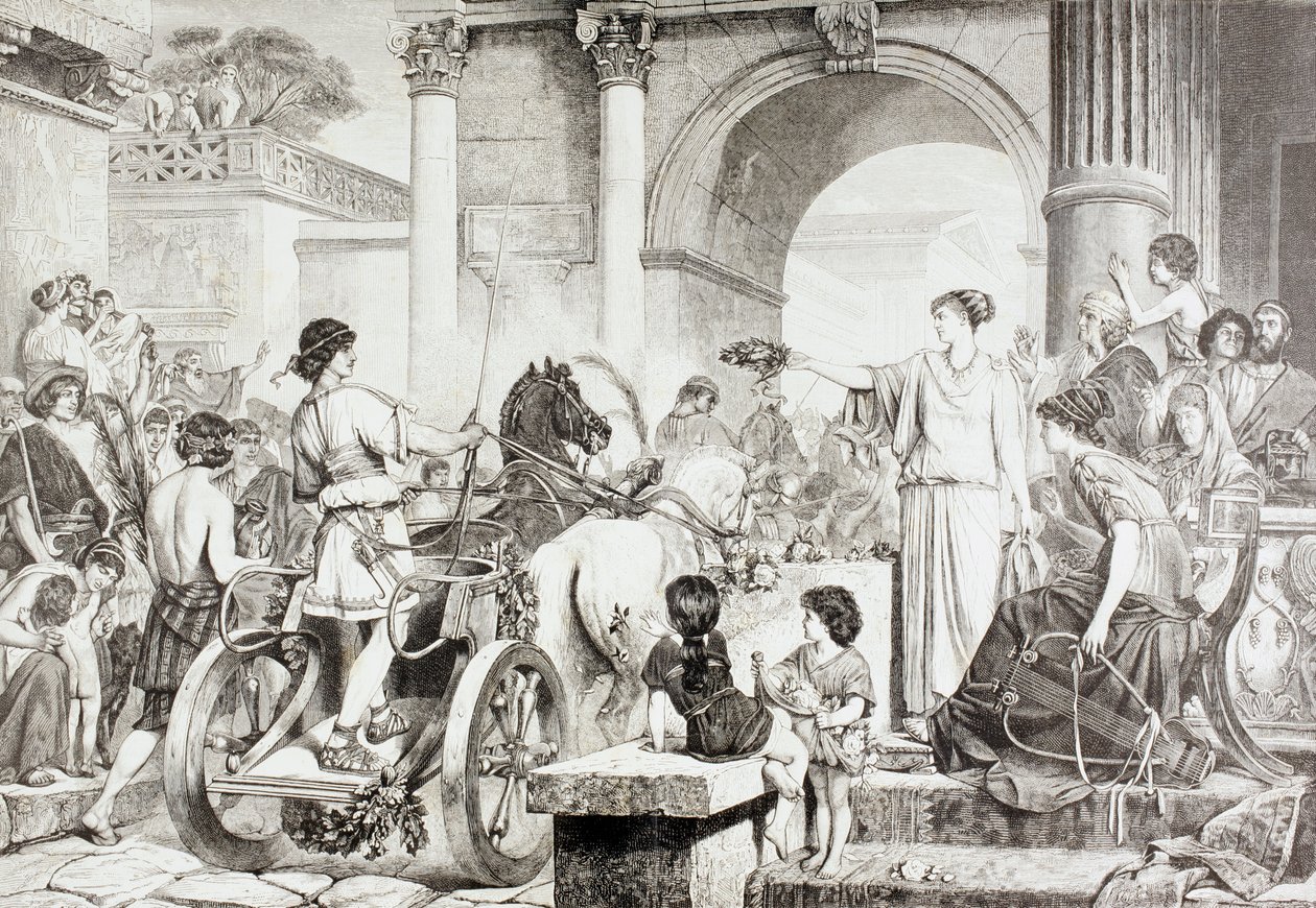 古希腊奥运会战车比赛的结束，来自&39;El Mundo Ilustrado&39;，于1880年在巴塞罗那出版 作者 欧洲学校