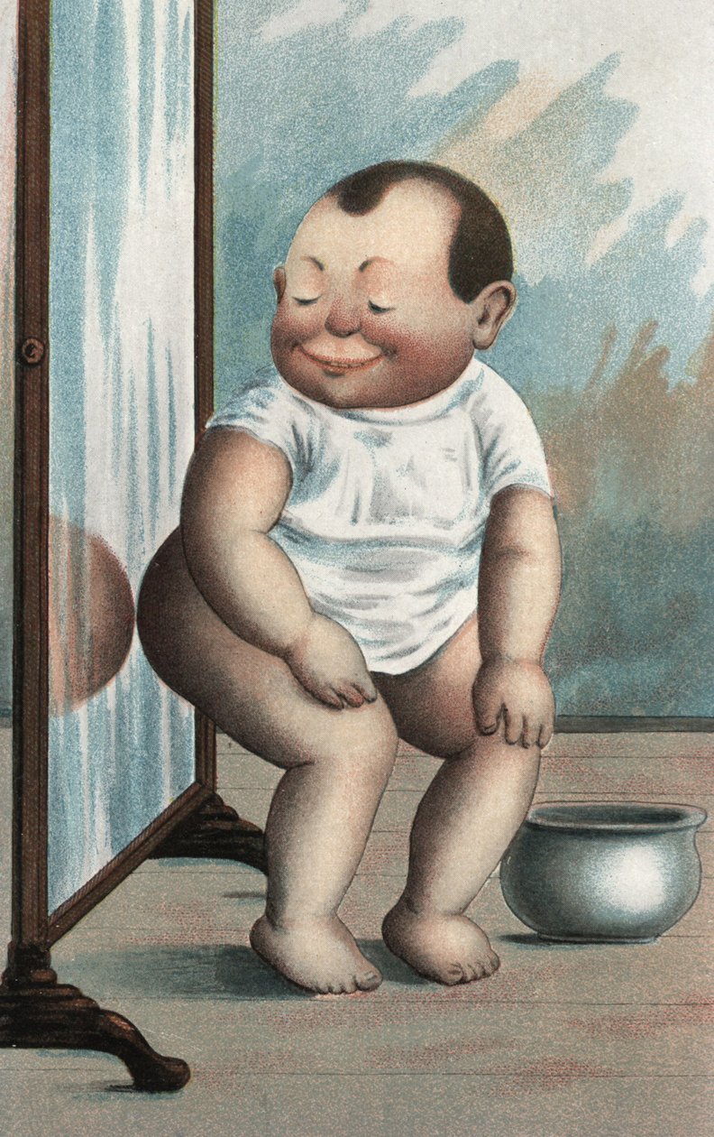 拿着镜子的婴儿（彩色平版） 作者 欧洲学校