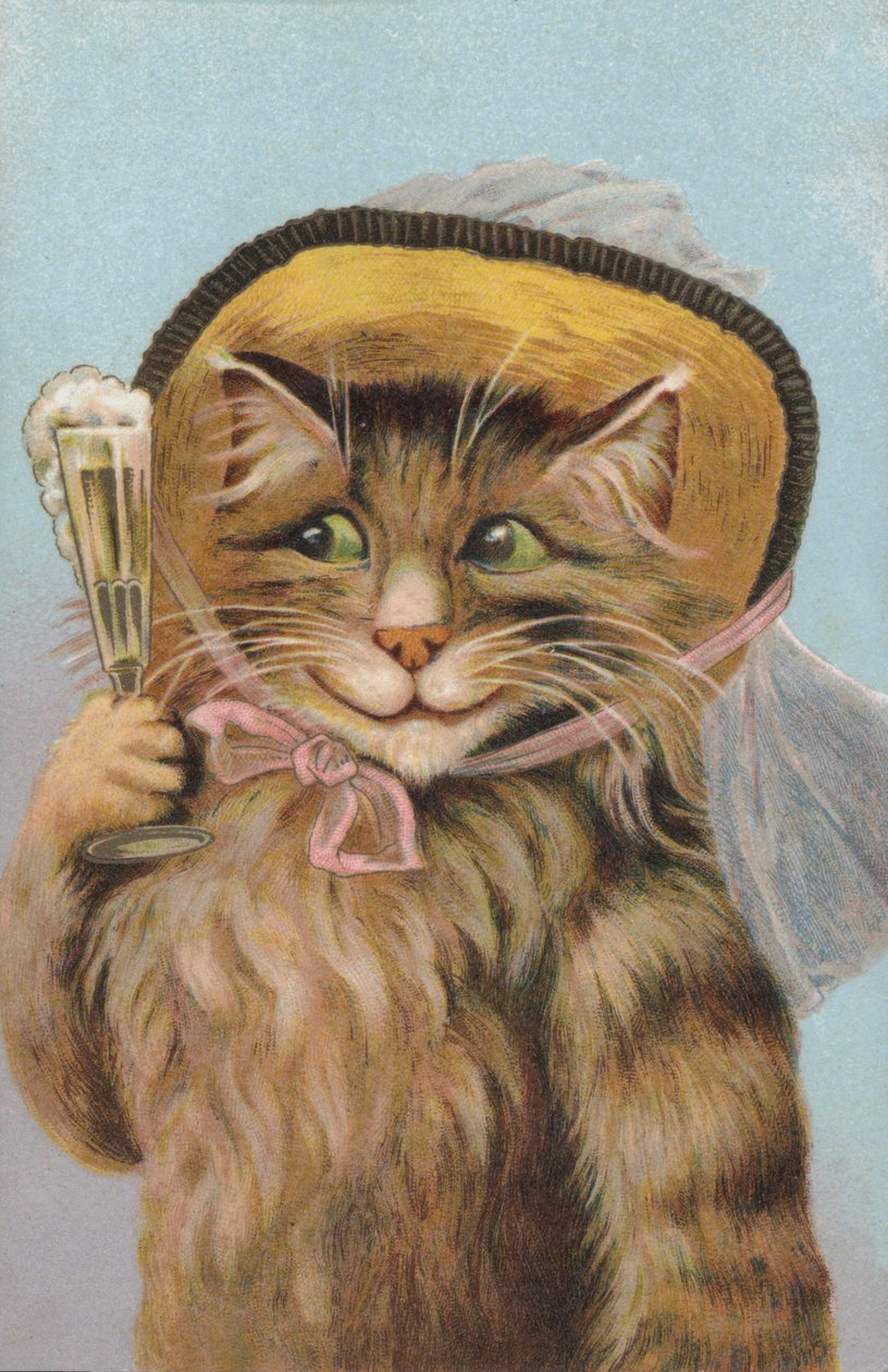 戴着帽子、拿着香槟酒杯的猫 (chromolitho) 作者 欧洲学校