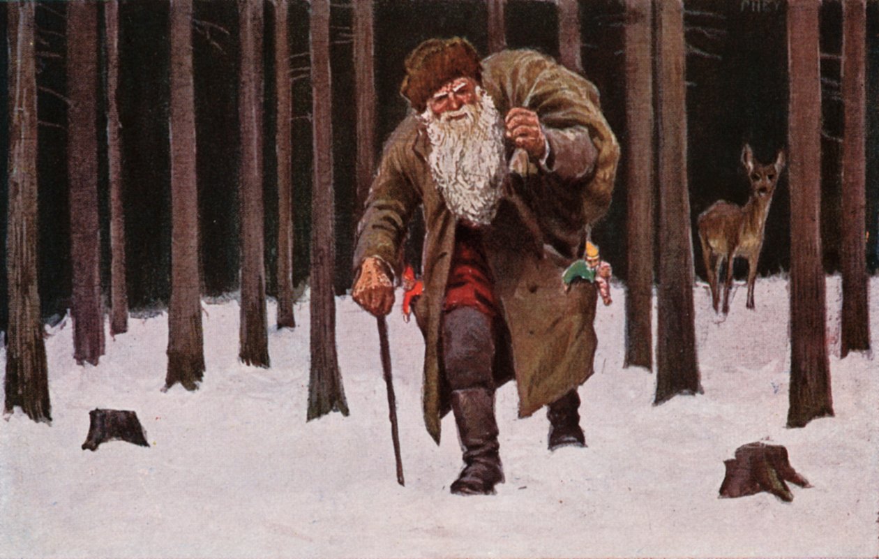 圣诞卡，圣诞老人带着一袋礼物在雪地里跋涉，背景是鹿（彩色石版印刷） 作者 欧洲学校