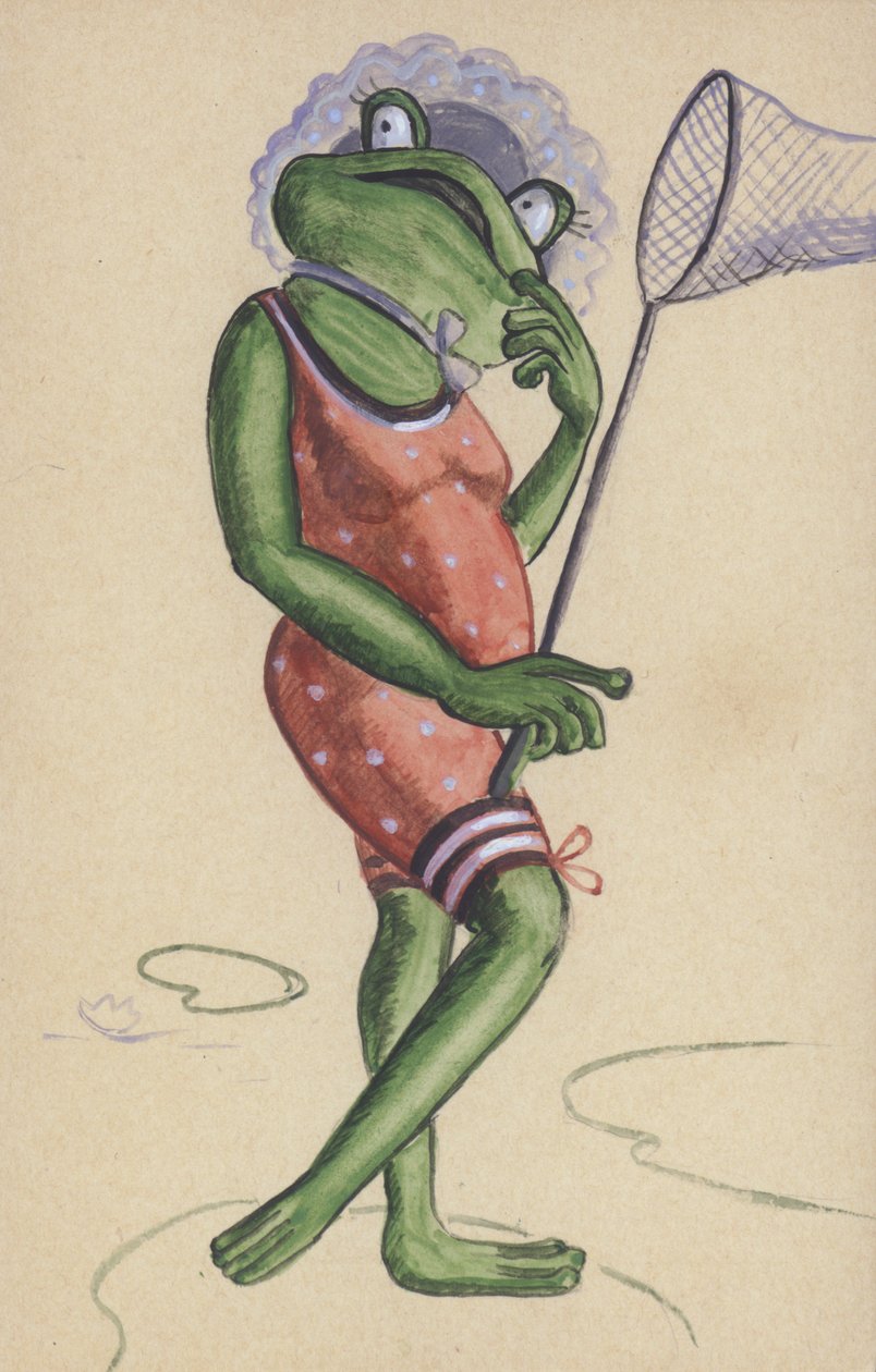 青蛙身着泳装，手持渔网（彩色石版画） 作者 欧洲学校