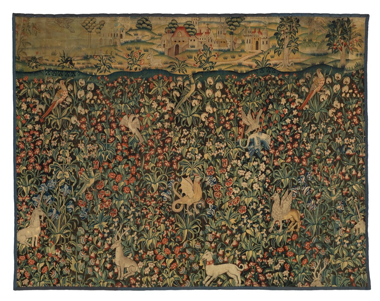 千花挂毯碎片，描绘动物、鸟类和风景，约 1500 年（羊毛） 作者 欧洲学校