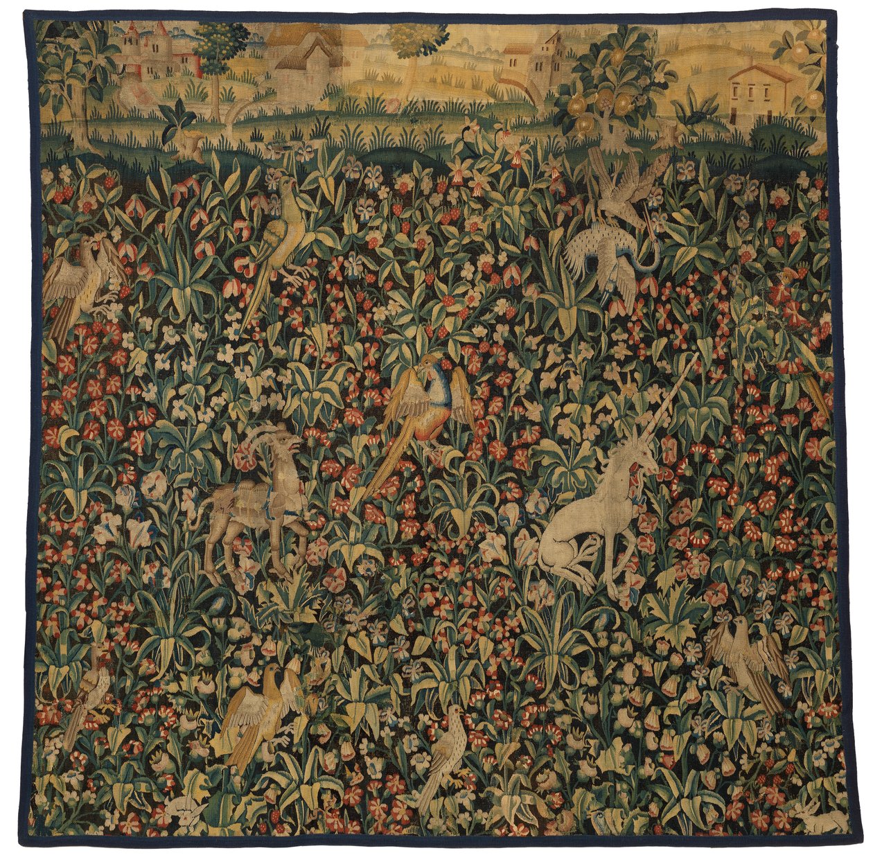 千花挂毯碎片，描绘动物、鸟类和风景，约 1500 年（羊毛） 作者 欧洲学校