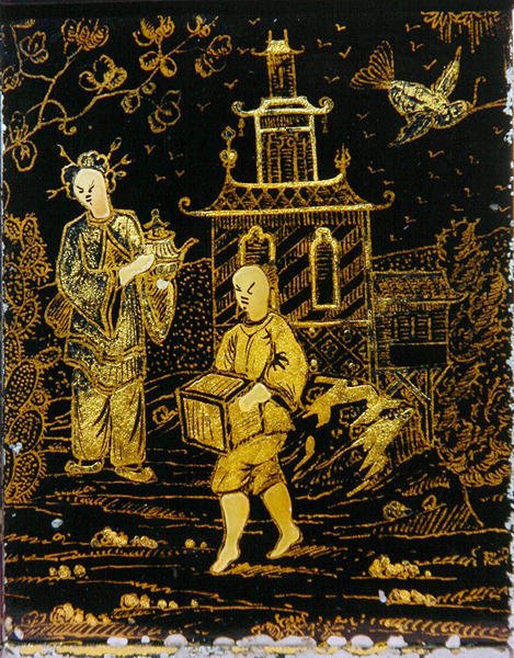 中国风格的茶叶罐，描绘了一个搬运工和一位女士携带的茶壶（金属）。 作者 欧洲学校