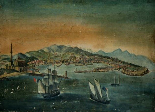 海角上有灯塔的港口景观，约1800年 作者 欧洲学校