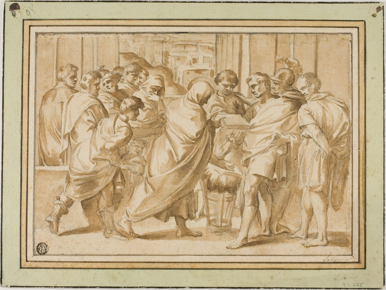 罗马历史场景，身披帷幔的人物向统治者赠书 作者 Eustache Le Sueur