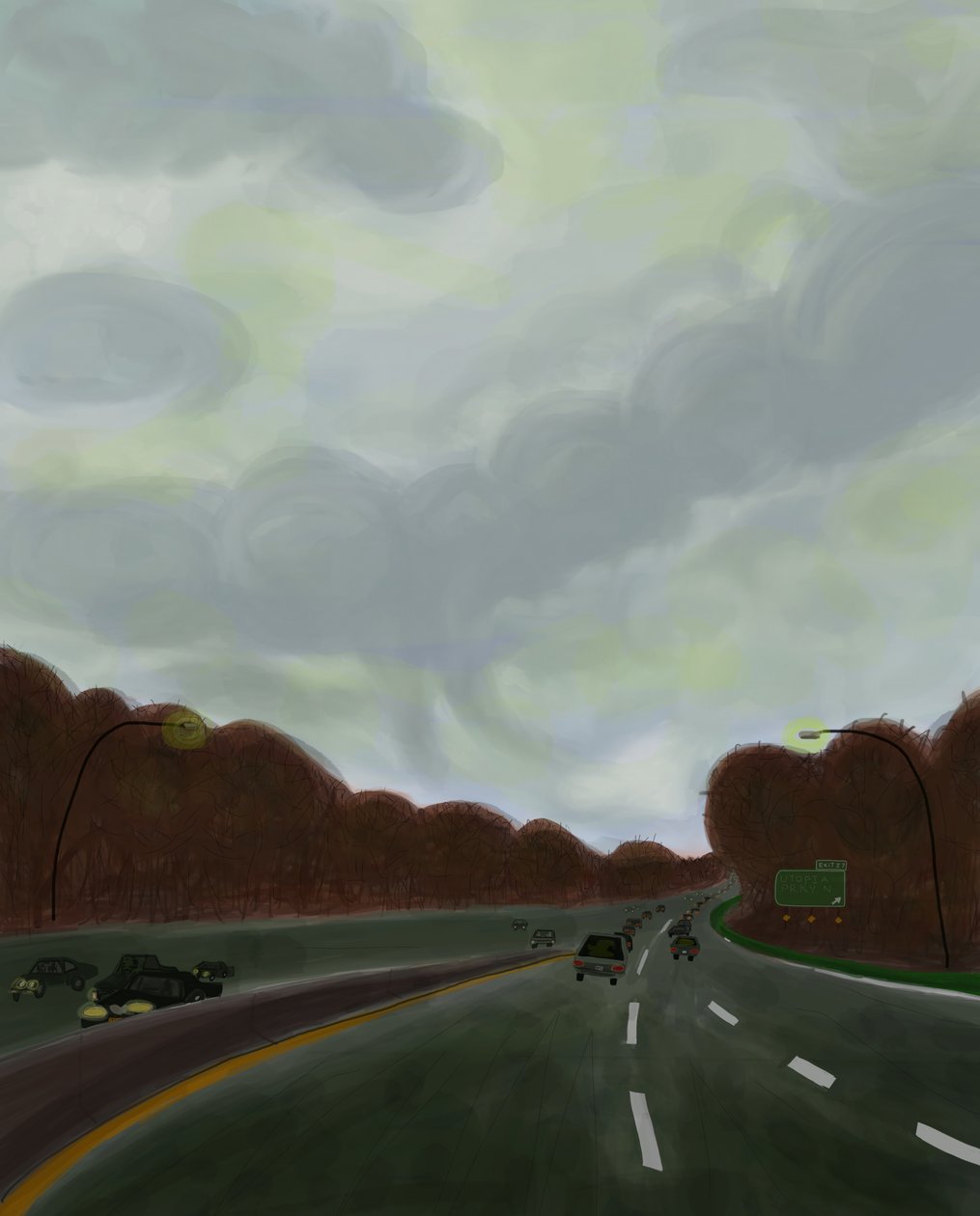 驾驶长岛高速公路，2017 年（用 Apple 铅笔在 iPad 上手绘） 作者 埃文·斯克拉