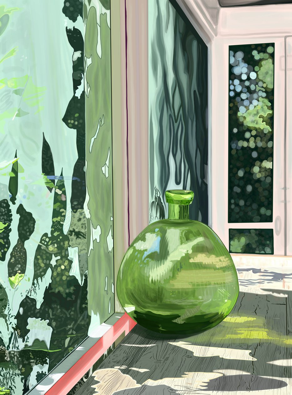 布鲁克林纱窗门廊中的绿色花瓶（数字艺术） 作者 埃文·斯克拉
