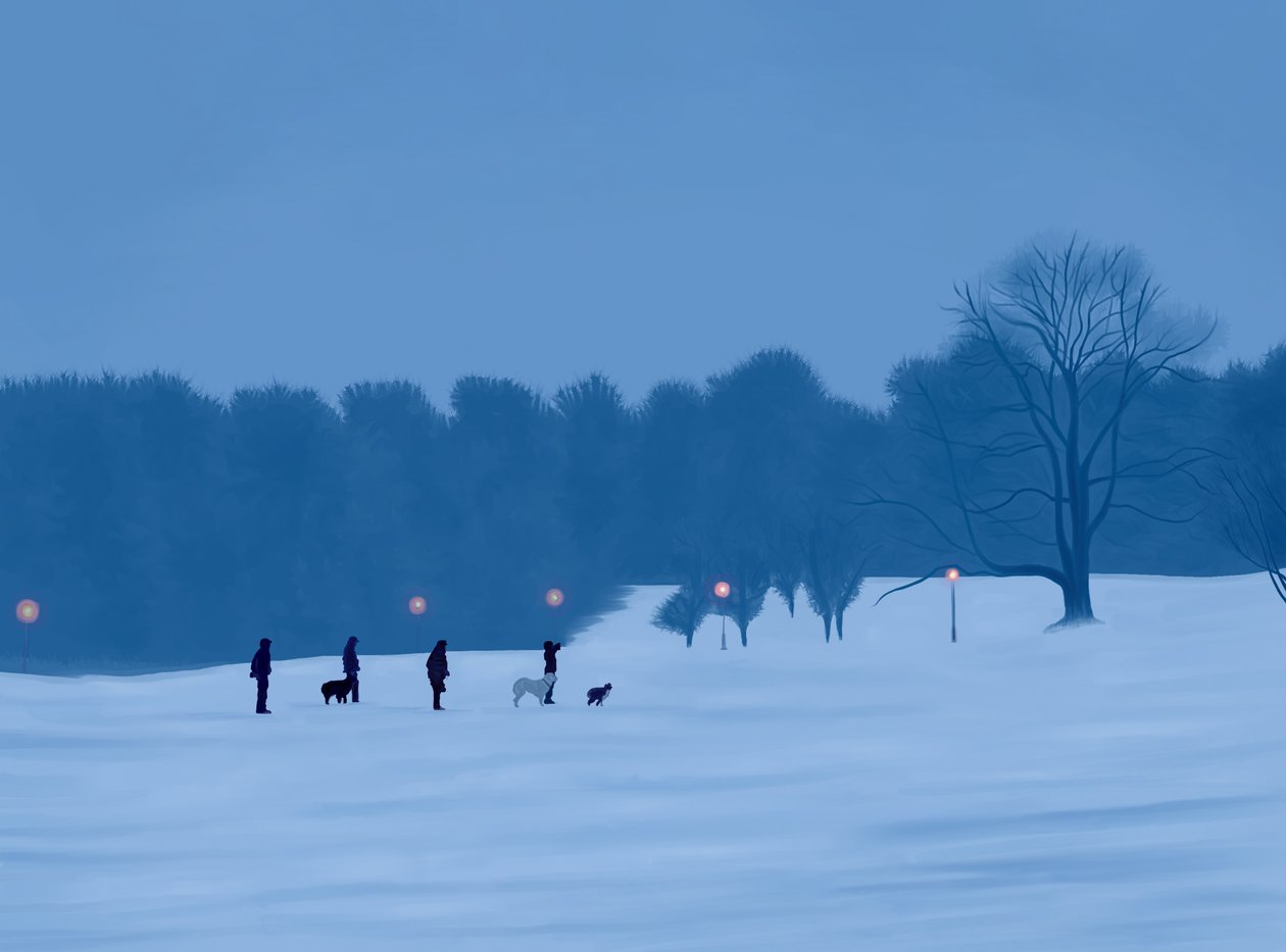 展望公园雪地里的人和狗（数字艺术） 作者 埃文·斯克拉