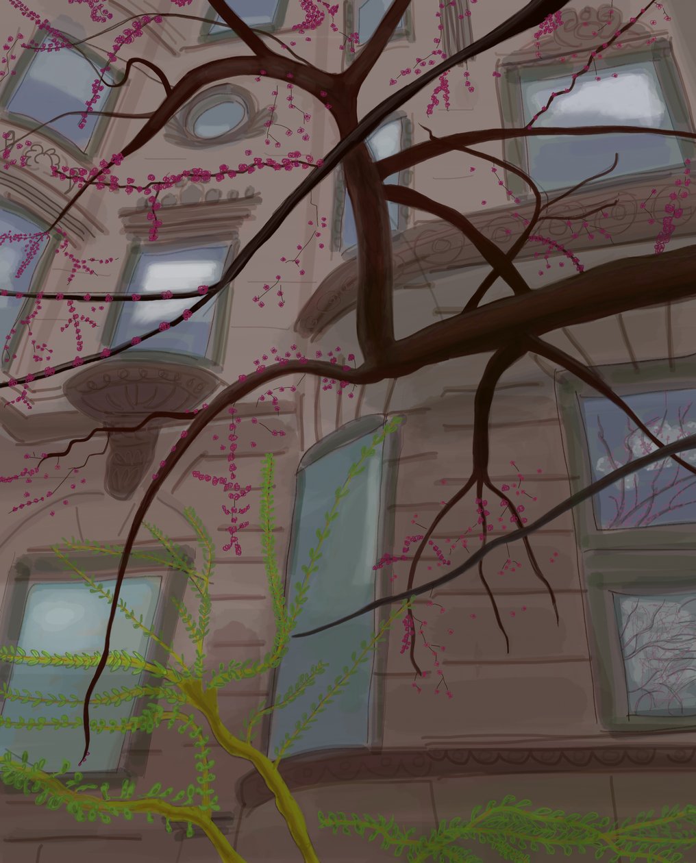 布鲁克林前景帕雷克西街和第五街，2017 年（用 Apple 铅笔在 iPad 上手绘） 作者 埃文·斯克拉