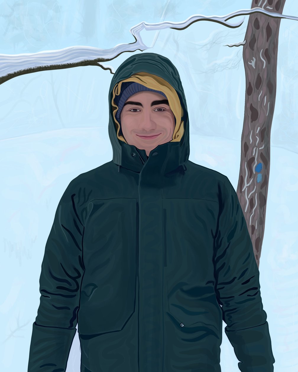 雪地里穿绿色大衣的年轻人（数字艺术） 作者 埃文·斯克拉