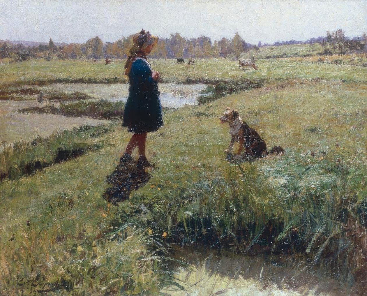 年轻的女孩和她的狗在草地上 作者 Evariste Carpentier