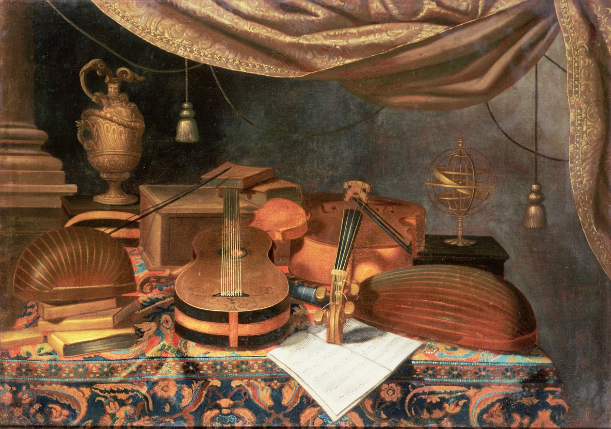 A guitar, a cello, lutes, a musical score and other books and an armillary globe on a draped table 作者 埃斯里斯托（Evaristo）
