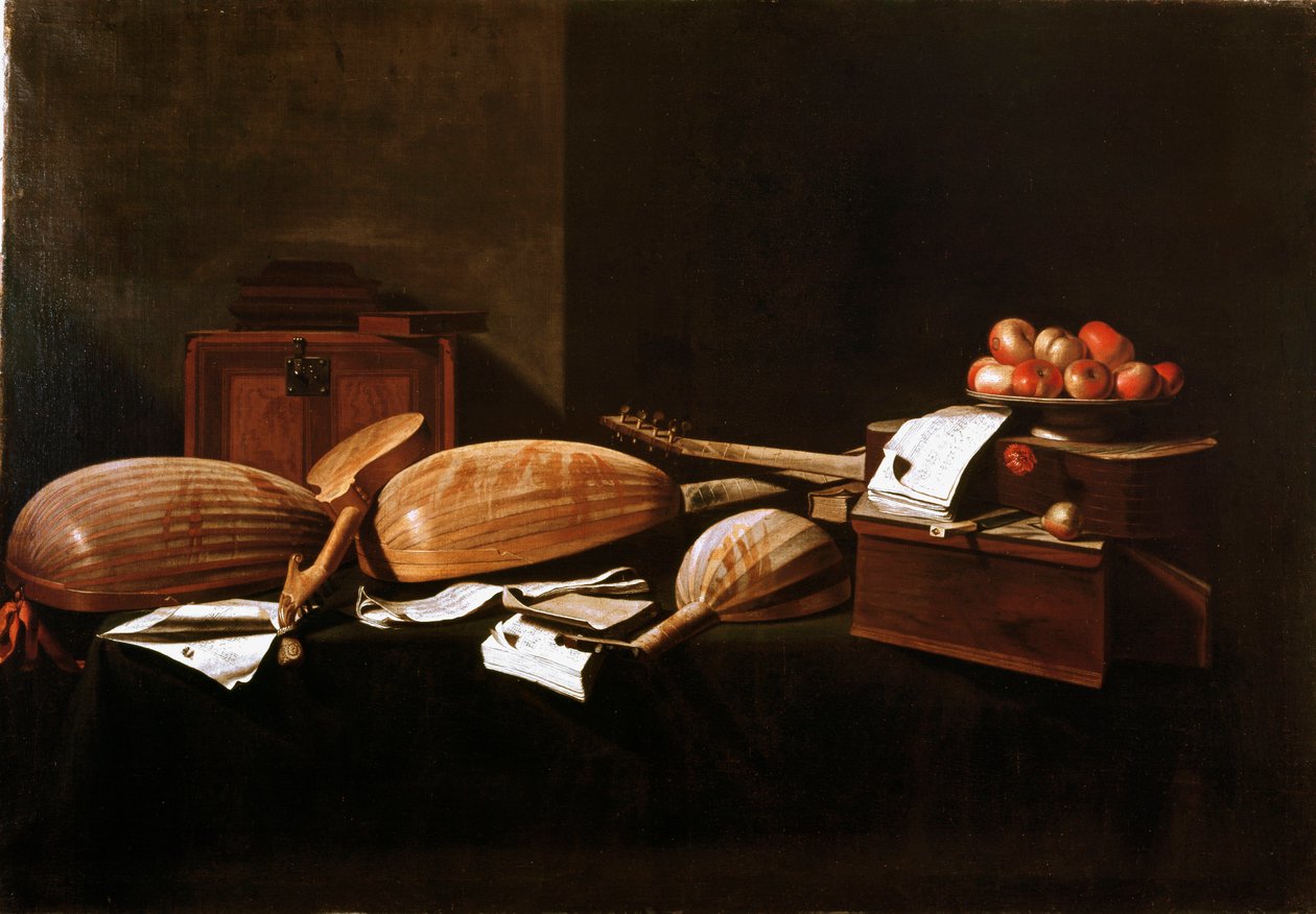 静物 水蛭和乐器。Evaristo Baschenis（1617-1677）的画作 17世纪 贝加莫，私人收藏 作者 埃斯里斯托（Evaristo）