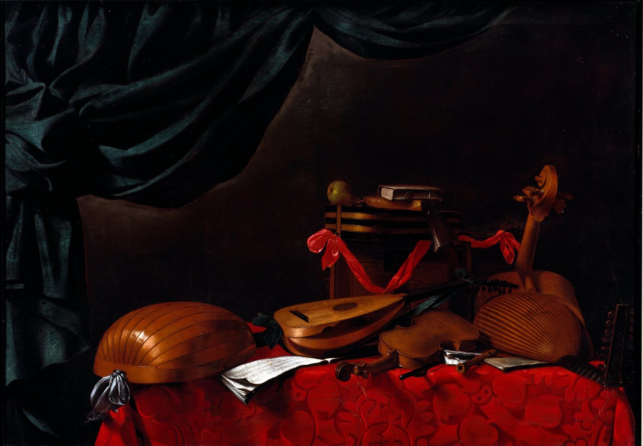 Evarista Baschenis (1617-1677) 17 世纪的乐器和梨静物画。 贝加莫，卡拉拉学院，意大利 作者 埃斯里斯托（Evaristo）