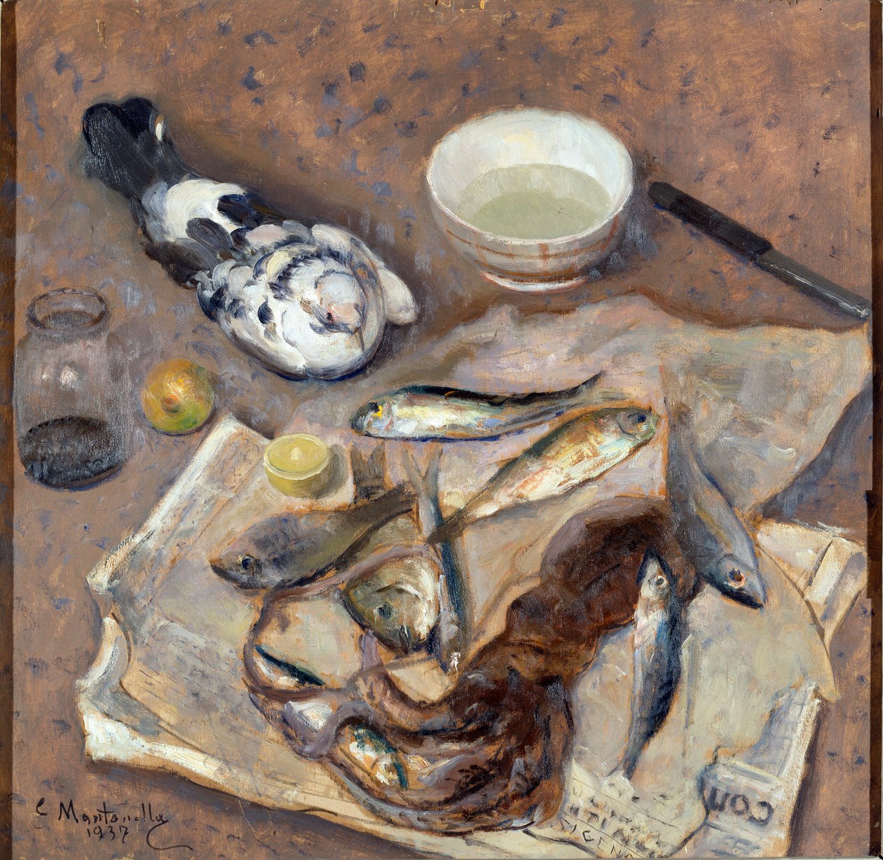 静物鱼和鸽子。 Evasio Montanella (1878-1940) 1937 年作画。 62x64 厘米 Genes Nervi，Arte Moderna 画廊，自售。 0433 作者 埃瓦西奥·蒙塔内拉（Evasio Montanella）
